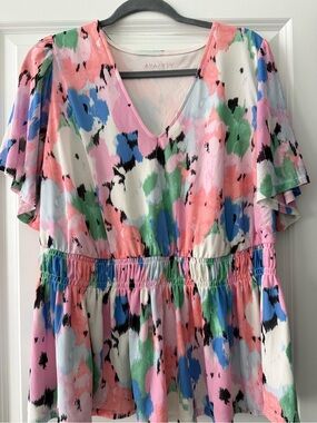 Ava & Viv Pink Multicolor Abstract Flutter-Sleeve Peplum shirt